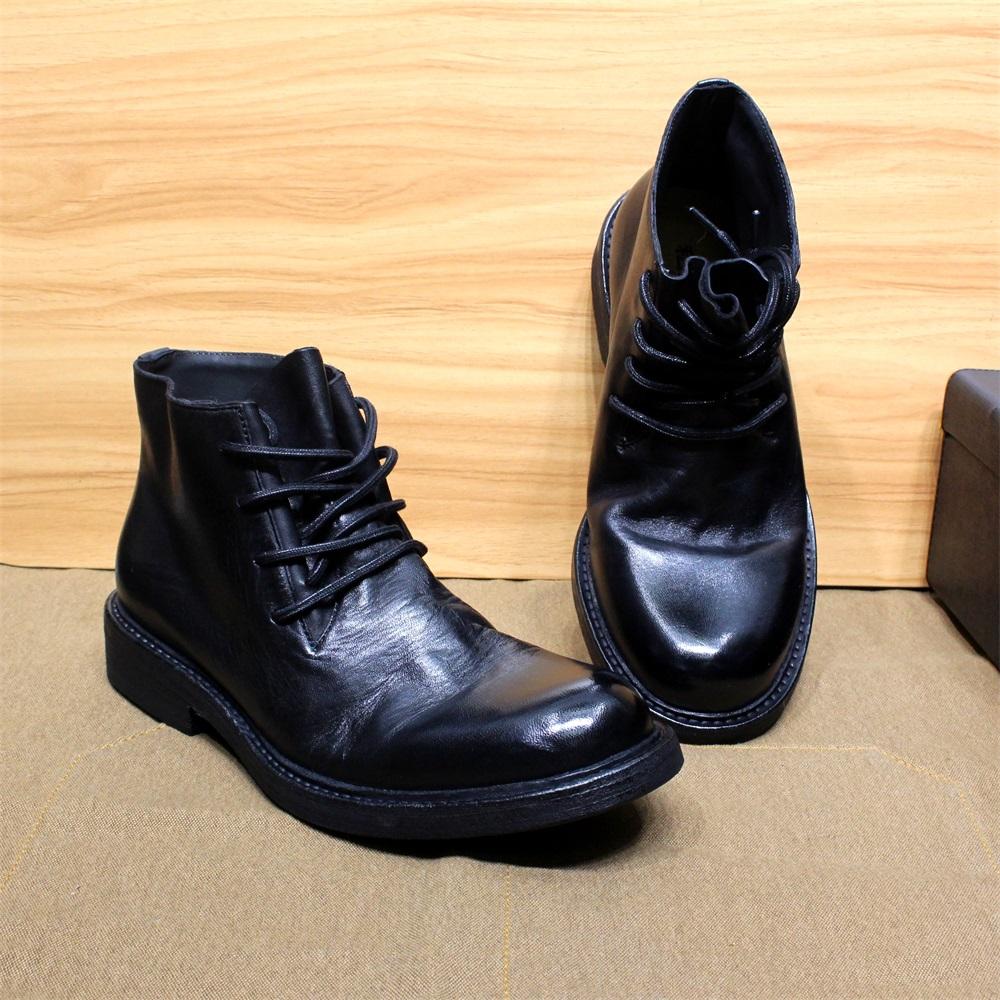 

British Style Mens Ankle Boots Soft Calf Real Leather Handmade Motorcycle Boots Leather Sole Comfortable Lace Up Winter Footwear EUR46 чёрный