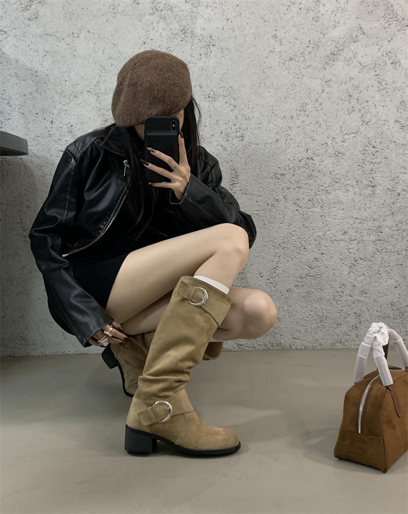 

Coarse heel French retro knee boots women s boots 2025 new tall pleated knight boots 39 хаки