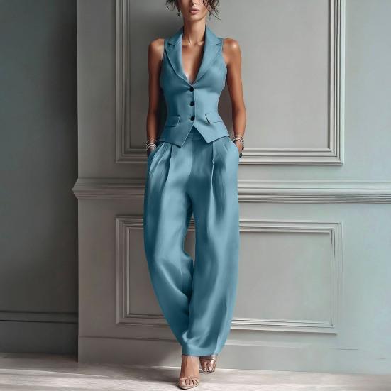Damen Sommer 2-teilige Business Work Outfits, Ärmellose Hemdweste und Weite Hosen Passendes Set