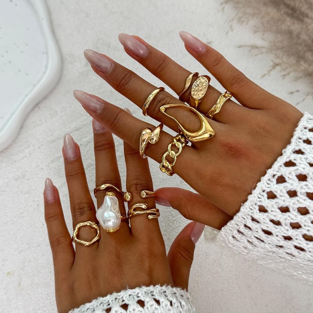 High-End Photosensitive Surface Water Drop Hug Ring Set Baroque Imitation Pearl Open Joint Ring