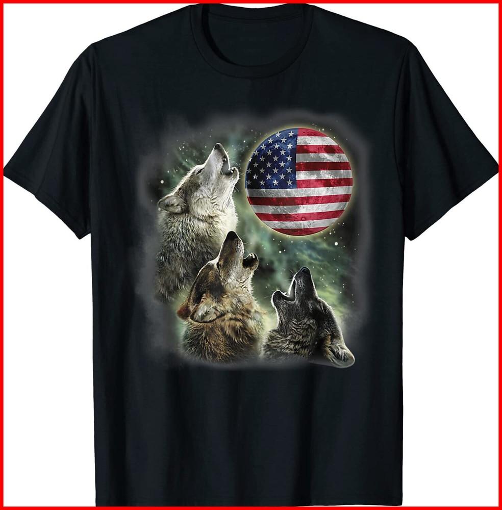 The Mountain Three Wolfs American Flag Moons Black Cotton T-Shirt Unisex T-Shirt L