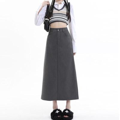 Vintage Langer Rock für Frauen Adrette Hohe Taille A-Linie Rock Grau Frühling Sommer Mode Y2k Weibliche Koreanische Stil Kleidung