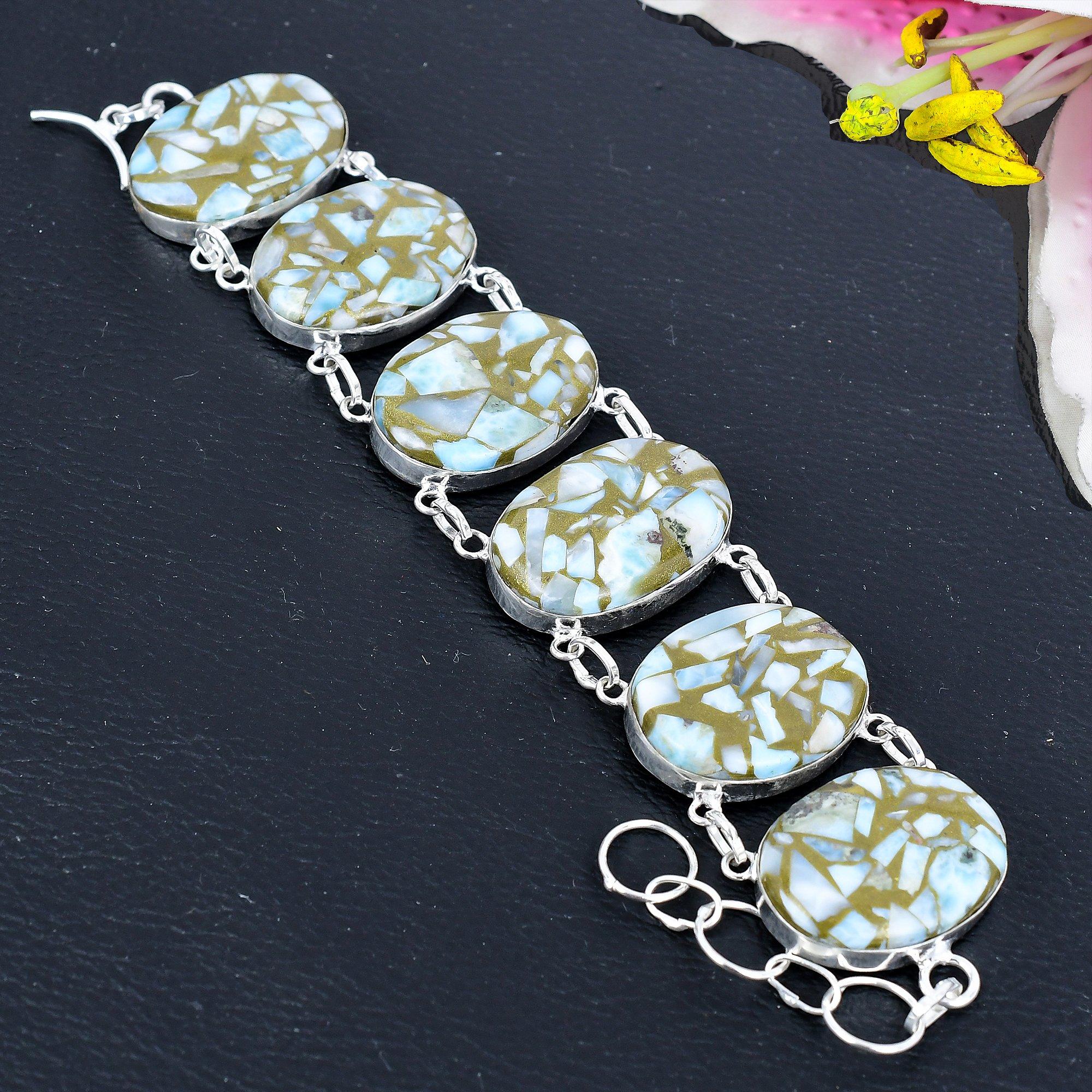 

Copper Larimar Gemstone Handmade 925 Sterling Silver Bracelet 7-8 KG-1810