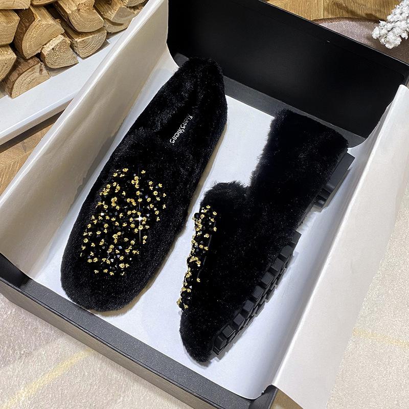 

Женские туфли Мао Мао носят новые туфли-бини со стразами с круглым носком зимой, женские бархатные теплые хлопковые туфли на толстой подошве на одной педали 34 чёрный