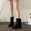 New Western medium women's boots stacking boots thick heel short boots pleated fashion belt buckle short tube and versatile black