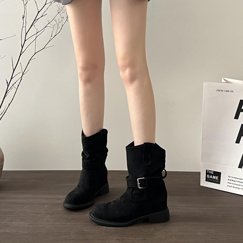 New Western medium women's boots stacking boots thick heel short boots pleated fashion belt buckle short tube and versatile black