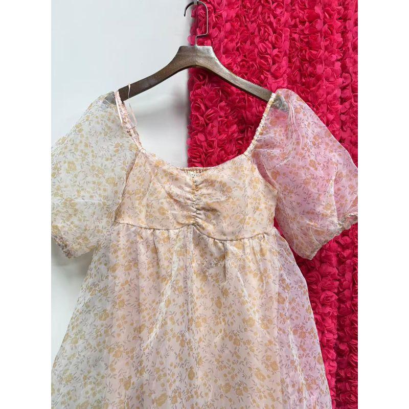 Export Single Baevely Organza Pettiskirt Dark Pattern Exquisite Square Collar Puff Sleeve Short Sleeve Dress Short Skirt