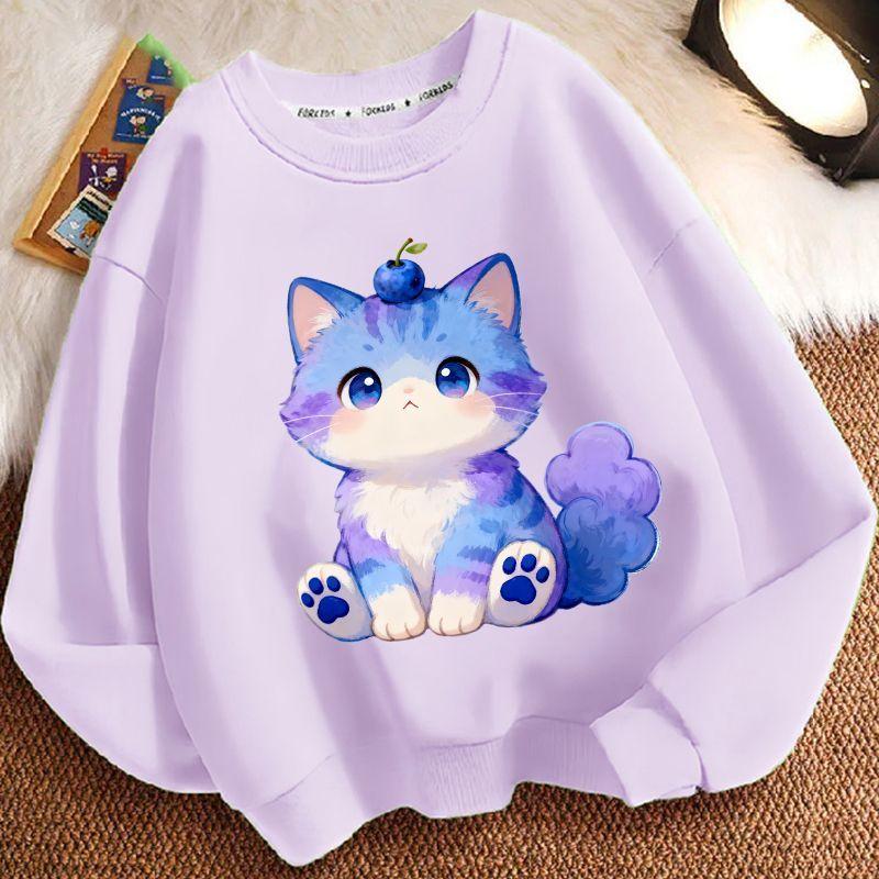 Children's Fashionable Cartoon Kitten Hoodie for Autumn and Winter, Casual Long-sleeved Round-neck Top for Boys and Girls