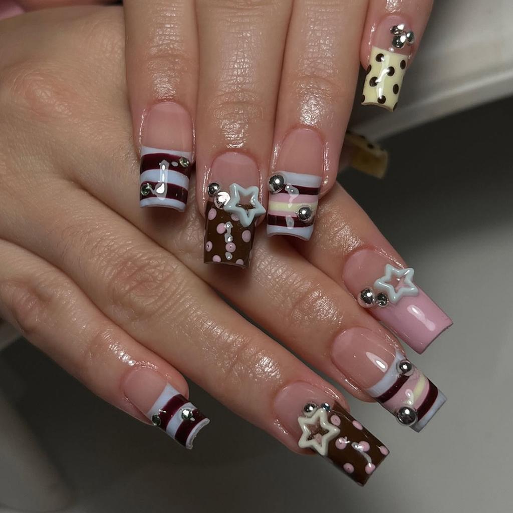 24PCS Y2k Pink French Press On Nails Brown Polka Dots Sweet Cool Star Fake Nails Spice Girls Wearable Medium Square False Nails