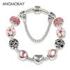 New Valentine's Romantic Pink Heart Charm Bracelet & Bangle Fine Crystal Diy Bead Bracelet Jewelry for Women Girl Gift