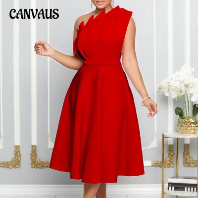 Summer Women's Dress Plus Size Sexy Slant Neck Stereoscopic Wrinkle High Waist Banquet Dress Party Dresses