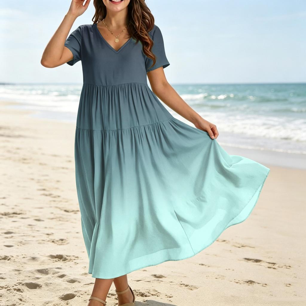 Abito Maxi Casual da Donna a Manica Corta con Scollo a V, Stile Bohemien, Vestibilità Larga, Stampa Degradé, per Estate e Uso Quotidiano