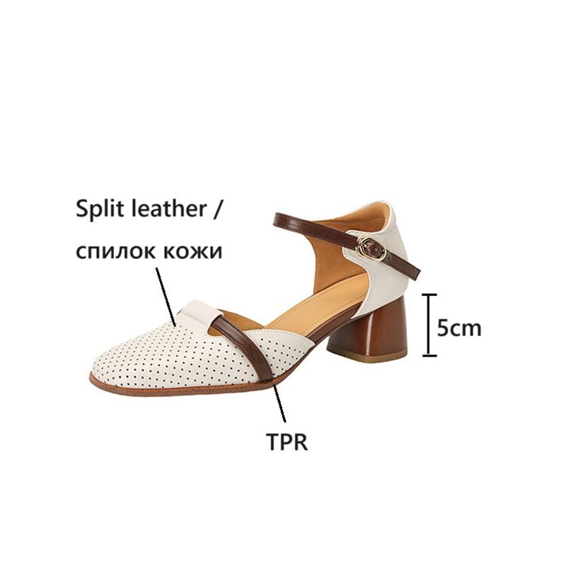 Fashion NEW Summer Women Sandals Split Leather Shoes for Women Square Toe Chunky Heel Shoes Plus Size Cover Toe Slingback Hollow Sandals