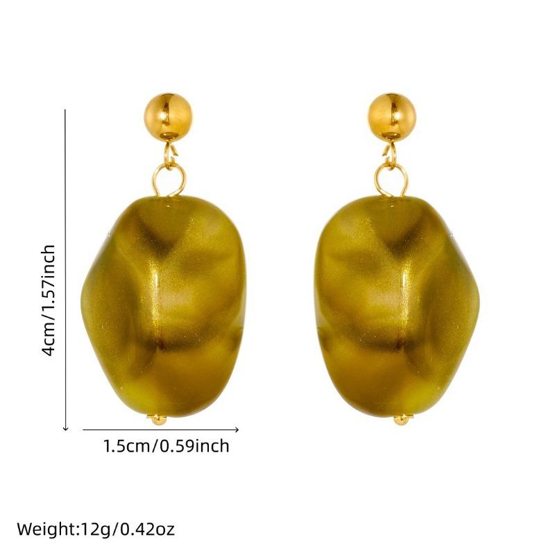 Gold Ball Stud Drop Earrings with Olive Green Resin Charm for Women