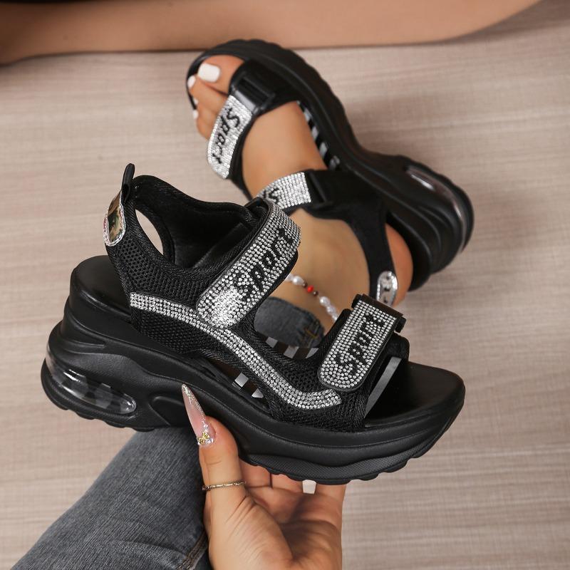 Cross-border Large Size Platform Sports Sandals Women's Summer New Velcro Rhinestone Beach Casual Wedge Sandals