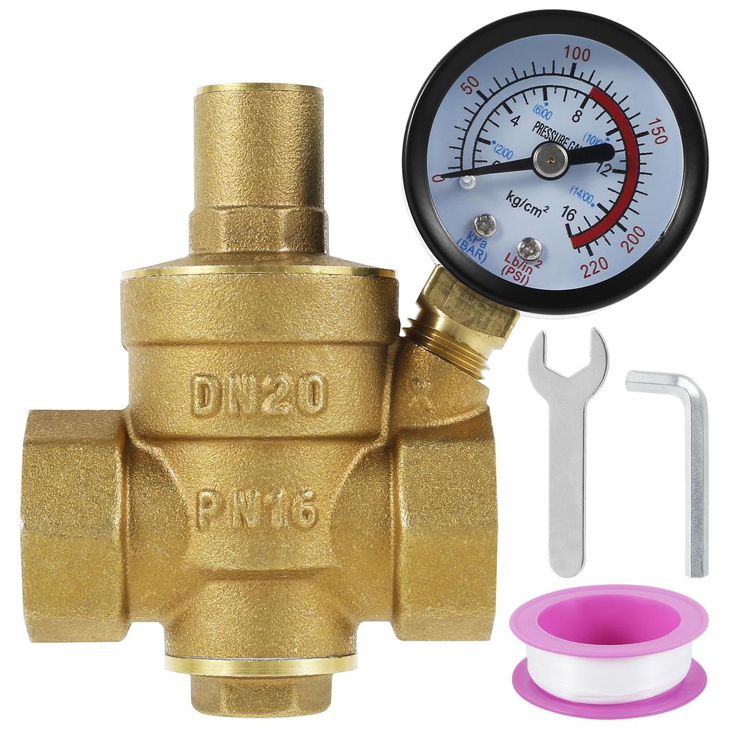 DN20/DN15 Adjustable Brass Water Pressure Regulator Valve with Gauge 3/4" 1/2"Universal Thread Connector for Home Hot and Cold W