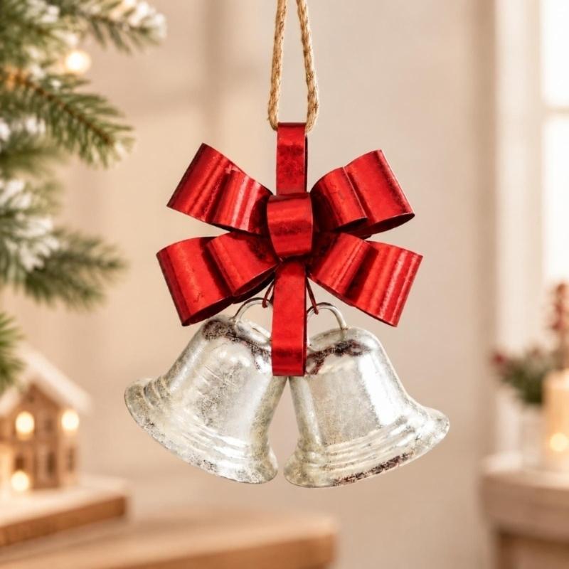 Three-Dimensional Metal Christmas Bowknot Decoration with 2 Iron Bells and Top Hanging Loop for Storefronts and Hotel Lobbies