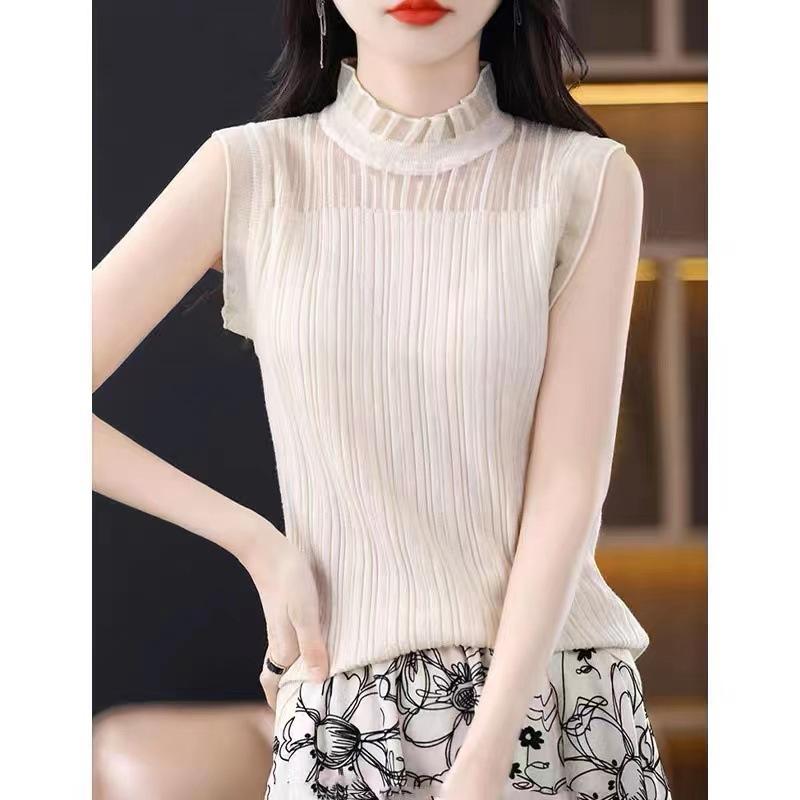 Der neue Sommerstil Ärmellose Weste Damen Halber hoher Kragen Im Anzug Weiße Bluse Spitze Strick Unterteil