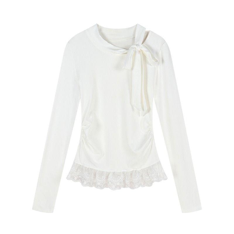 New Bow Tie Lace Splicing Women Blouse Long Sleeve Sweet T-Shirt Slim Fit Lace-up Solid Color Fashion Tops Elegant Casual Casual Clothing