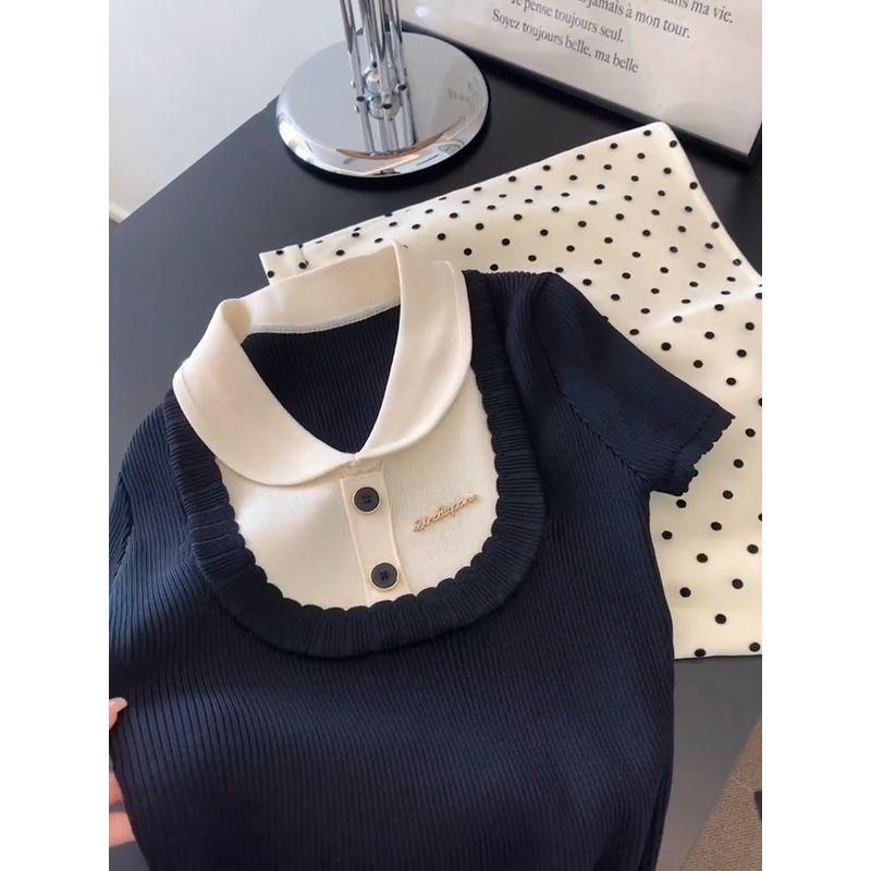 The Fabric Is Soft and Not Tied at All! Korean Retro Style Girlish Style Slimming Contrast Color Peter Pan Collar Short Sleeve Knitwear