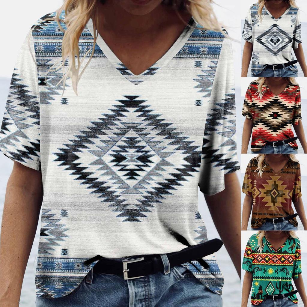 Women's Fashion Casual Comfortable Printed V-Neck Short Sleeve Top Blouse