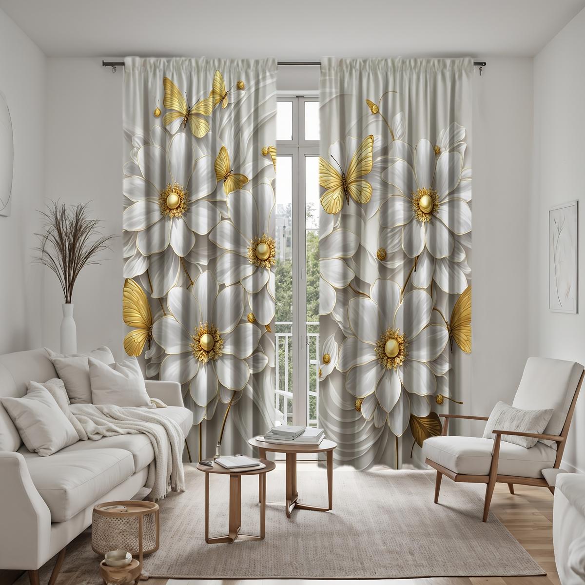 

Двухсекционная HD цифровая белая занавеска с золотым узором в виде бабочки и цветка для украшения дома, стиль украшения гостиной, спальни, занавеска на штанге W52H63inchW132H160cm