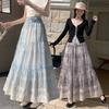 Blue Floral Tiered Skirt Embroidered High Waist A-Line Maxi French Ethereal Style QT2864