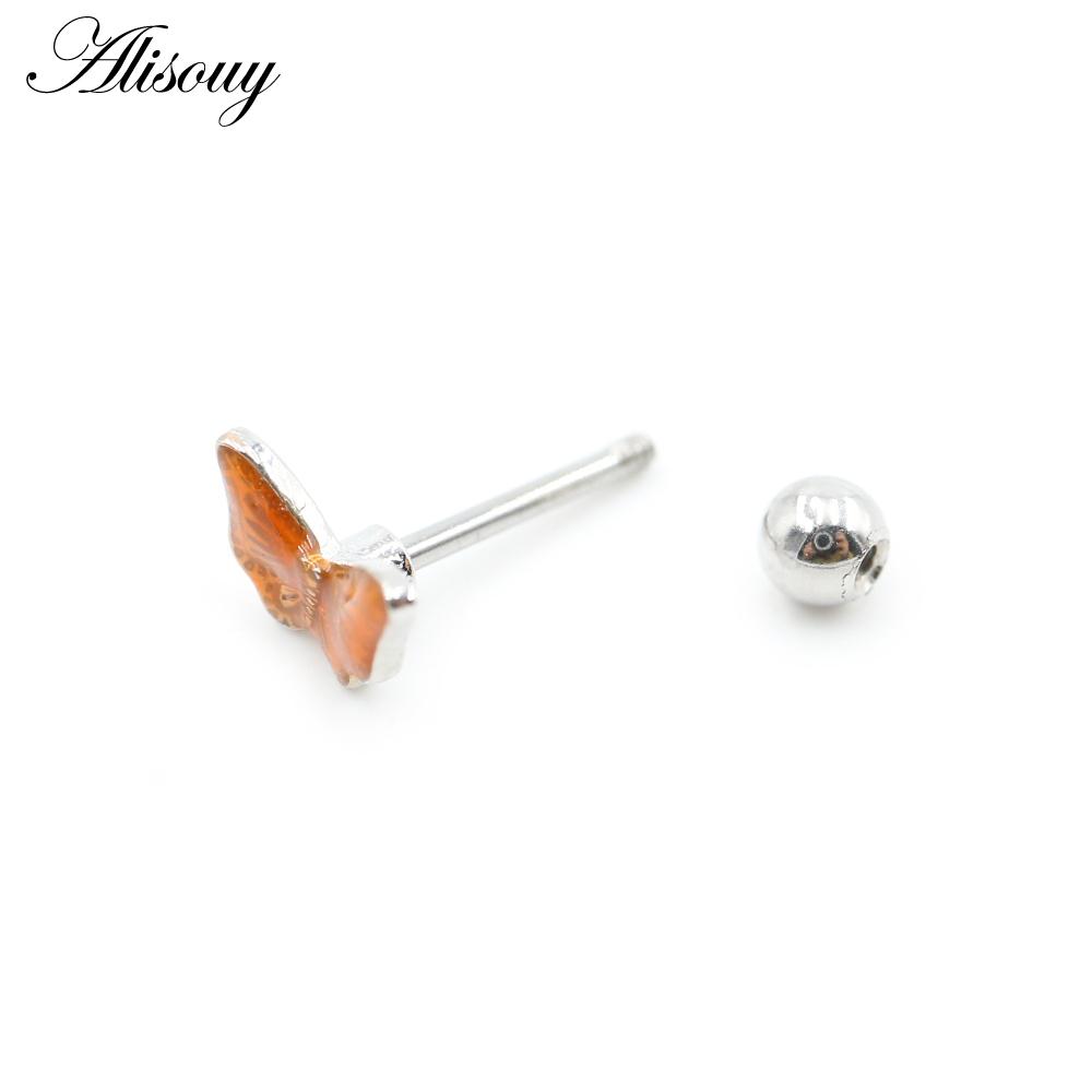Alisouy 2PCS Butterfly Resin Zircon Ball Stainless Steel Women Men Ear Stud Earrings Cartilage Tragus Helix Pierceing Jewelry