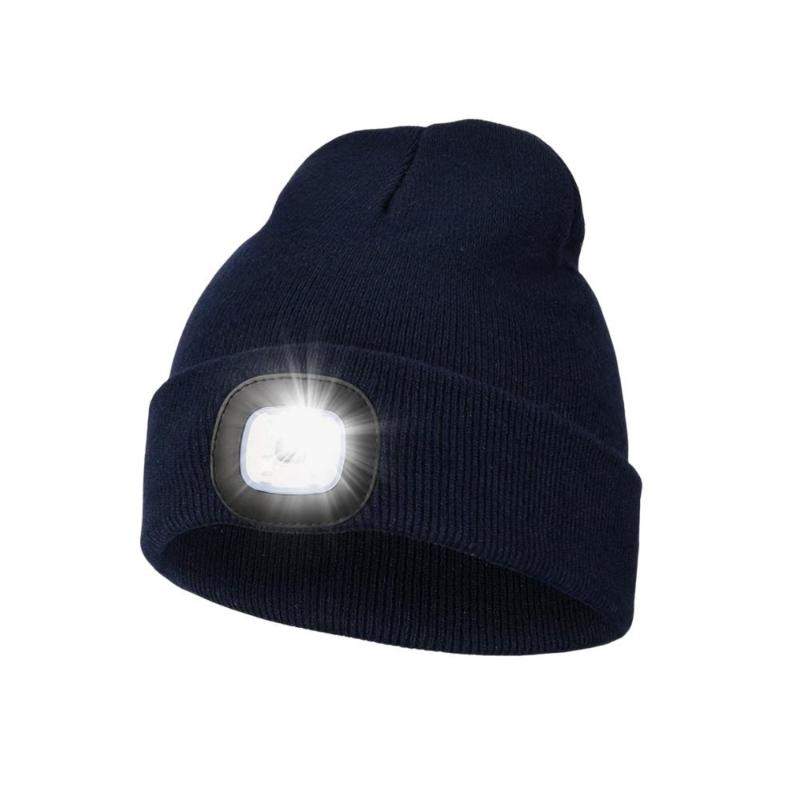 

Winter Men Beanie Hat With LED Light Rechargeable Knitted Hat For Woman Cap Night Running Fishing Riding Sports Teenager Beanies темно-синий