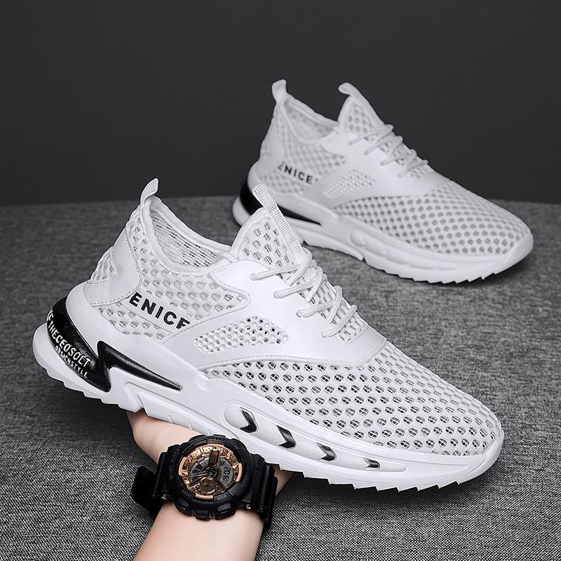 2022 Summer Men Sneakers Breathable Athletic Shoes Hollow Mesh Fitness Training Shoes Fashion Running Shoes Casual Shoes White