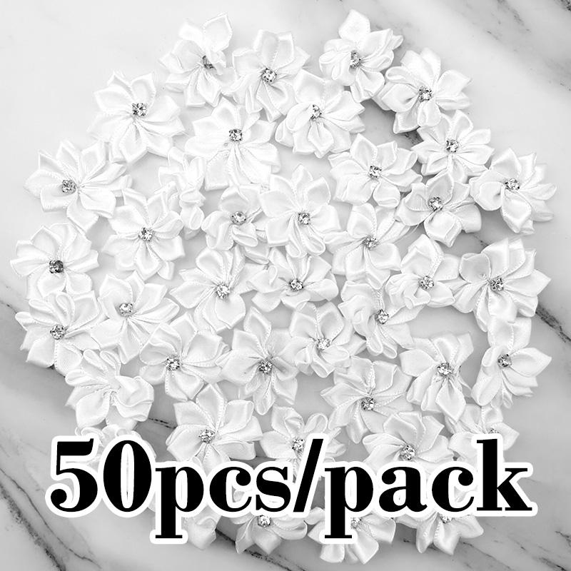 

(50pcs Pack) 25mm Mini Rhinestone Inlaid Satin Ribbon Head Mixed Color Small Flower DIY Craft for Scrapbooking Handmade Decorati белый