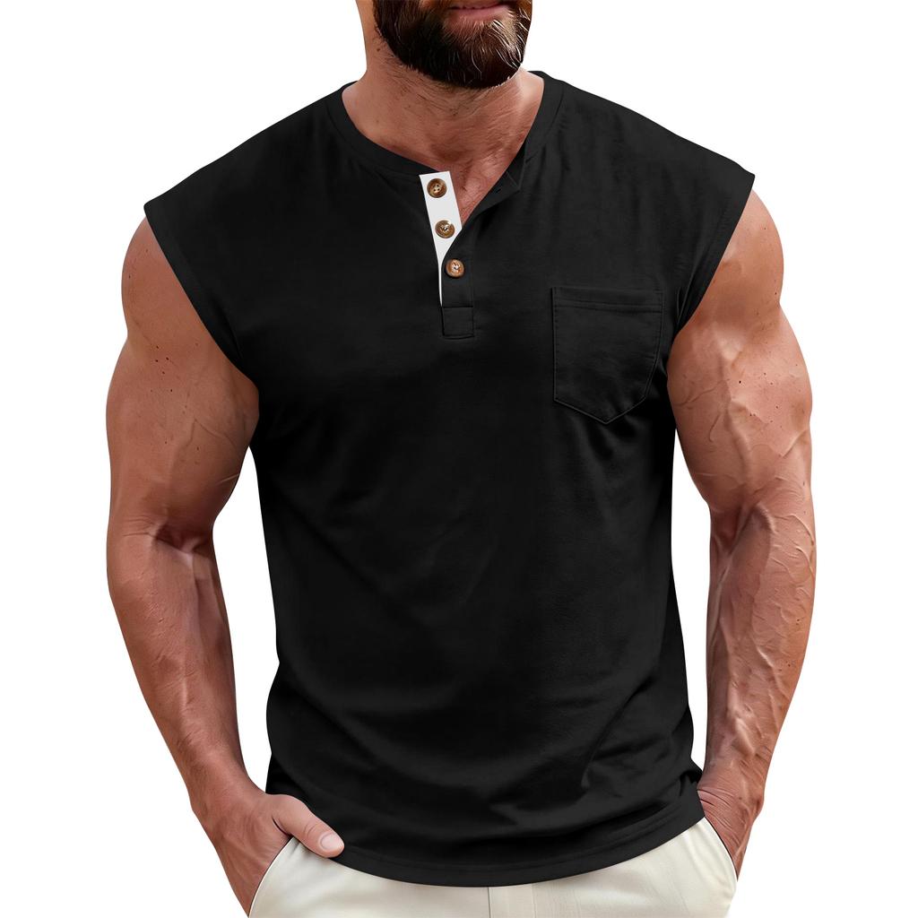 Ärmelloses Henley-Hemd für Herren mit Knopfleiste, Rundhalsausschnitt, lässig, Muskelpassform, mit Brusttasche für Sommerliche Outdoor-Aktivitäten