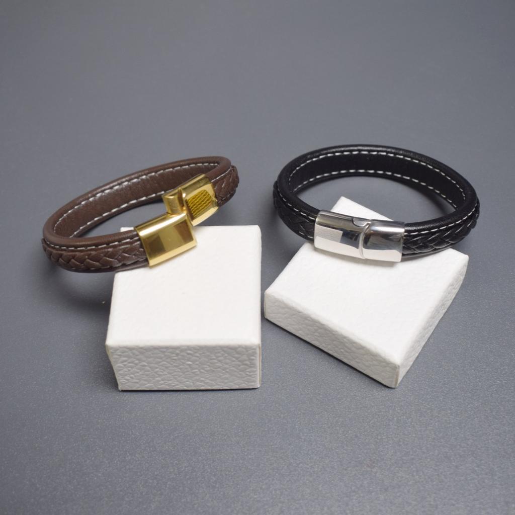 Punk Hand Woven Stitched Leather Bracelet Men's Stainless Steel Bracelets Bangles Simple Magnetic Buckle Luxury Jewelry