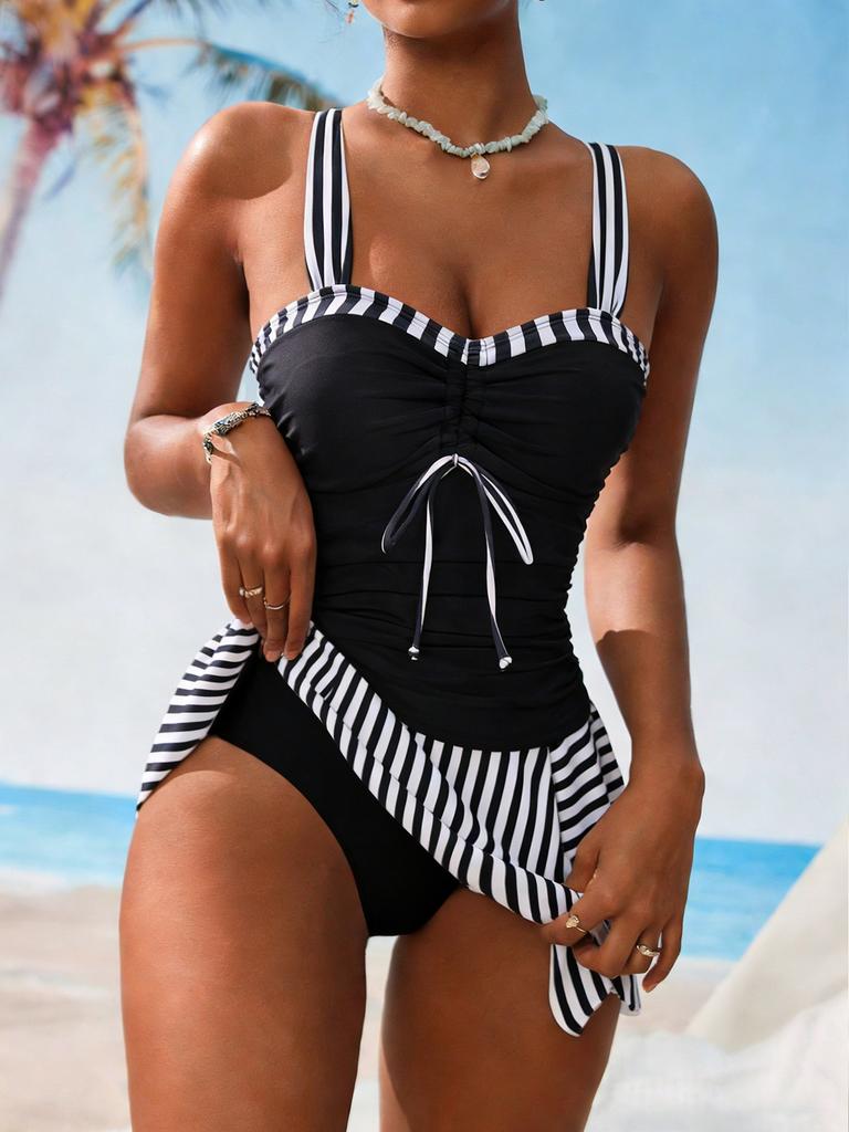 Damen Badeanzug Gestreift Kontrastfarbe Kordelzug Träger Sexy Hoher Bund Schlitz Geteilt Badeanzug Bikini Anzug Strandkleidung
