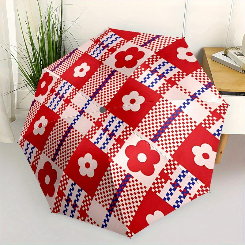 1pc Floral Checkered Automatic Folding Umbrella, 8-Rib Sturdy Canopy, Portable Travel Umbrella for Outdoor Use