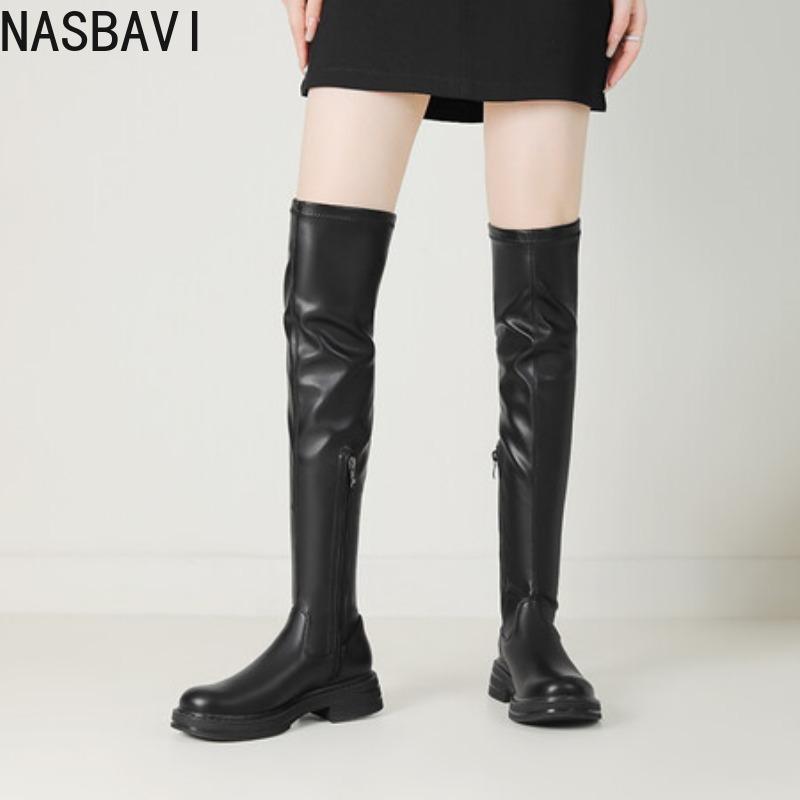 NASBAVI Plain White Round Toe Casual Women Overknees Shoes Winter Square Low Heel Flats Zipper Over-the-knee Stretch Long Boots 35 14399₽