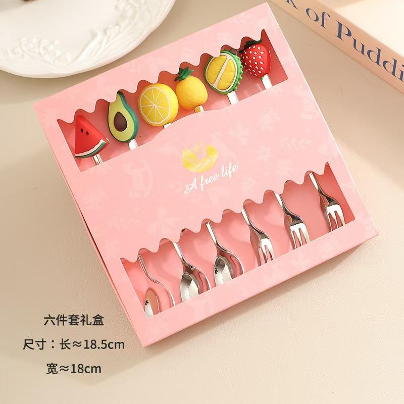 Fruit Doll Stainless Steel Spoon and Fork Christmas Coffee Dessert Spoon and Fork Gift Set Fruit Watermelon Spoon and Fork Box