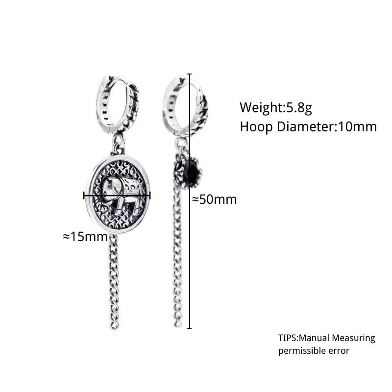 Vintage Asymmetric Elephant Round Disc Thai Silver Color Hoop Earring Tassel Chain Earrings Ear Jewelry For Women S -E1168