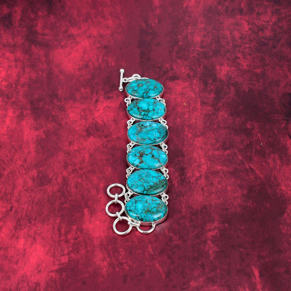 Blue Turquoise Handmade Gemstone Bracelet, 925 Solid Sterling Silver Antique Jewelry Bracelet, For Engagement Gift