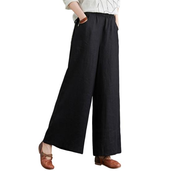 Women Pants Elastic Waistband Adjustable Drawstring Wide Leg Long Pants with Pockets Pure Color Leisure Trousers Summer Travel Work Wear