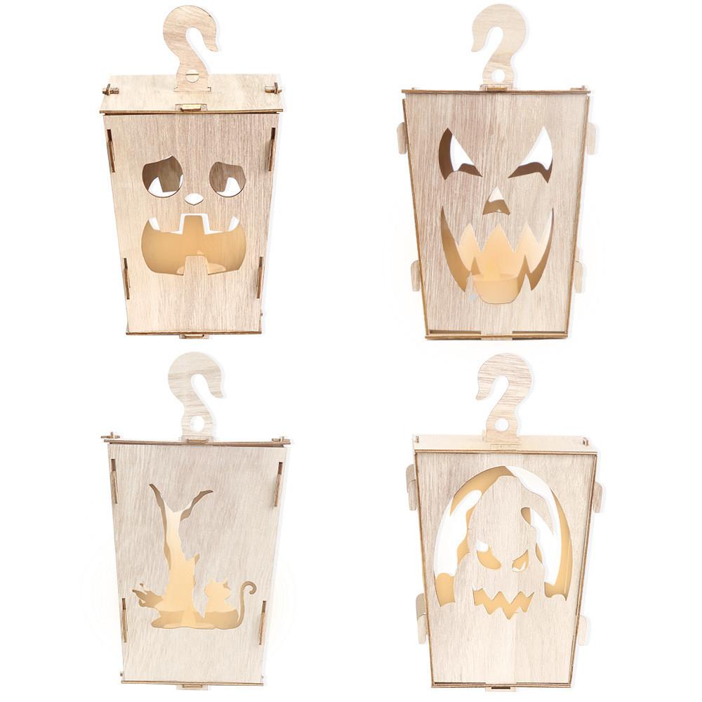 Alluring Halloween Wooden Lanterns With Creepy Ghost And Demon Designs For Holiday Atmosphere