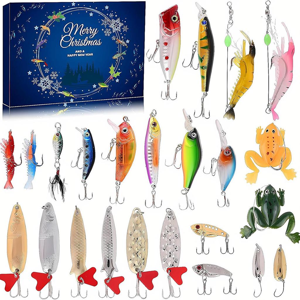 Christmas Fishing Advent Calendar 2024, 24 Days of Surprise Lures Countdown Fish Tackle Set, Surprise Xmas Blind Box Countdown Gift for Father