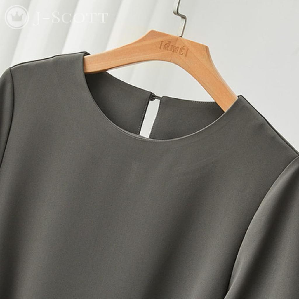 J-Scott Puff Sleeve Dress with Sash Belt, Midi Length, 3/4 Sleeves, Round Neck, I-Line, Beautiful Green Gray, JS82-GY-M