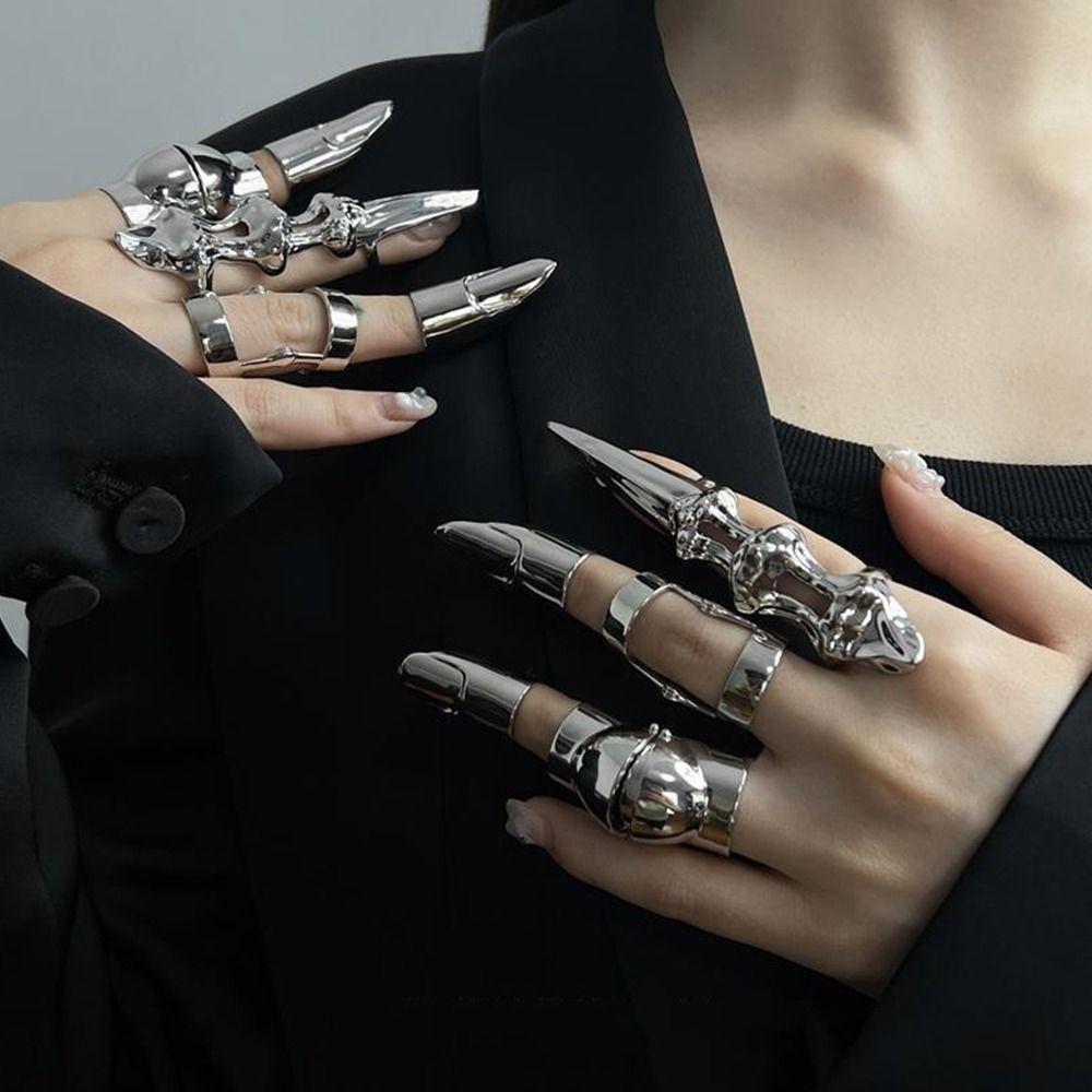 Mörk Estetik Slät Oregelbunden Geometrisk Ringledsdesign Lång Finger Fingerring Metall Exoskelett Punk Ringledsdesign