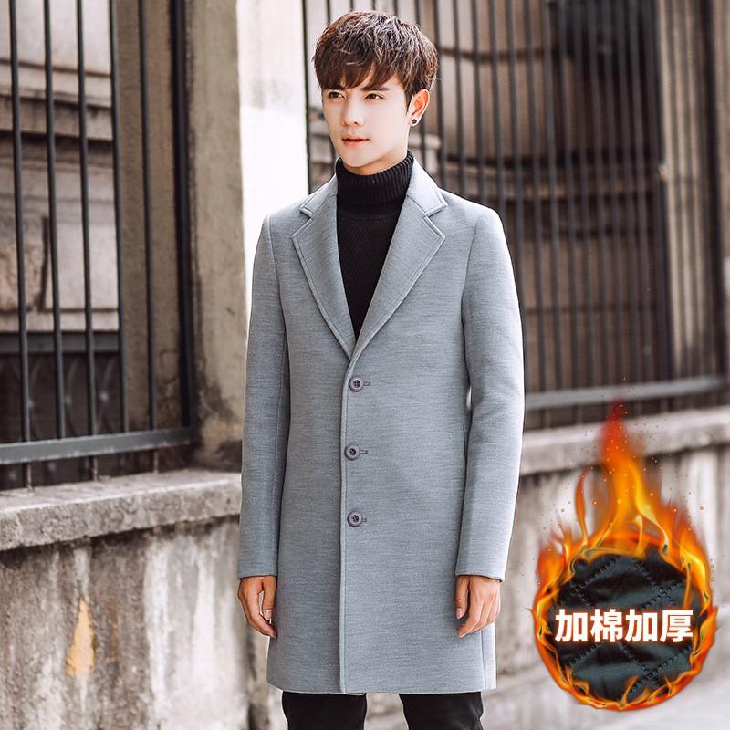 2019 Mens Wool Blend Coat Slim Fit Mid-Length Overcoat Thick Warm Winter Outerwear