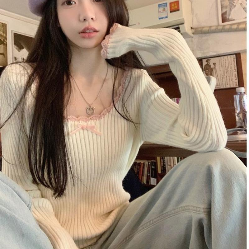 Early Autumn Korean Sweet Age-reducing Patchwork Lace Trim Long Sleeve Knit Base Layer Women's Versatile Slim Fit Top Trendy