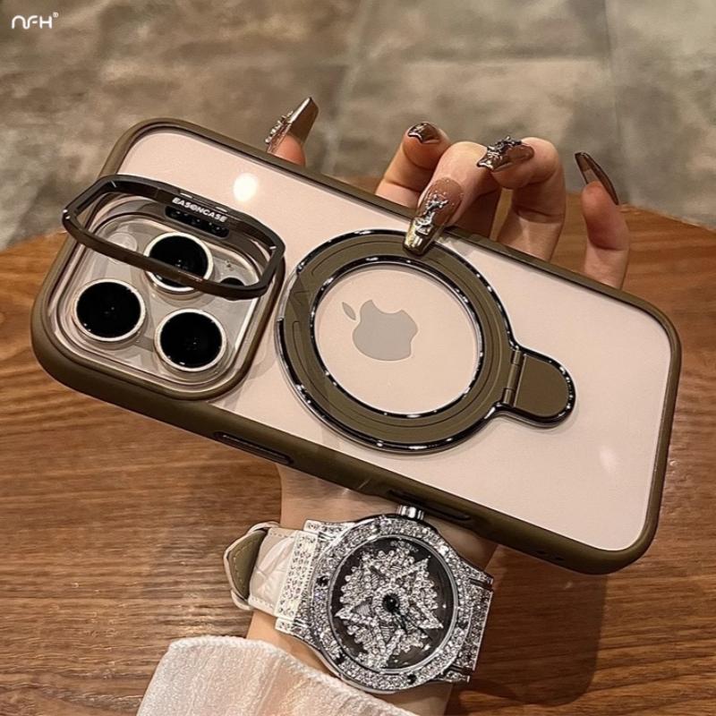 For iPhone 16 Pro Max Luxury Transparent Magsafe Magnetic Holder Frame Phone Case For iPhone 11 12 13 14 15Plus Lens Stand Cover