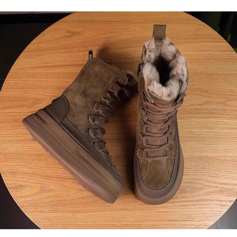 

Женские зимние ботинки на толстой подошве 2025 новая модель, меховые интегрированные полусапожки средней высоты, утепленные хлопковые ботинки с напуском 37 хаки