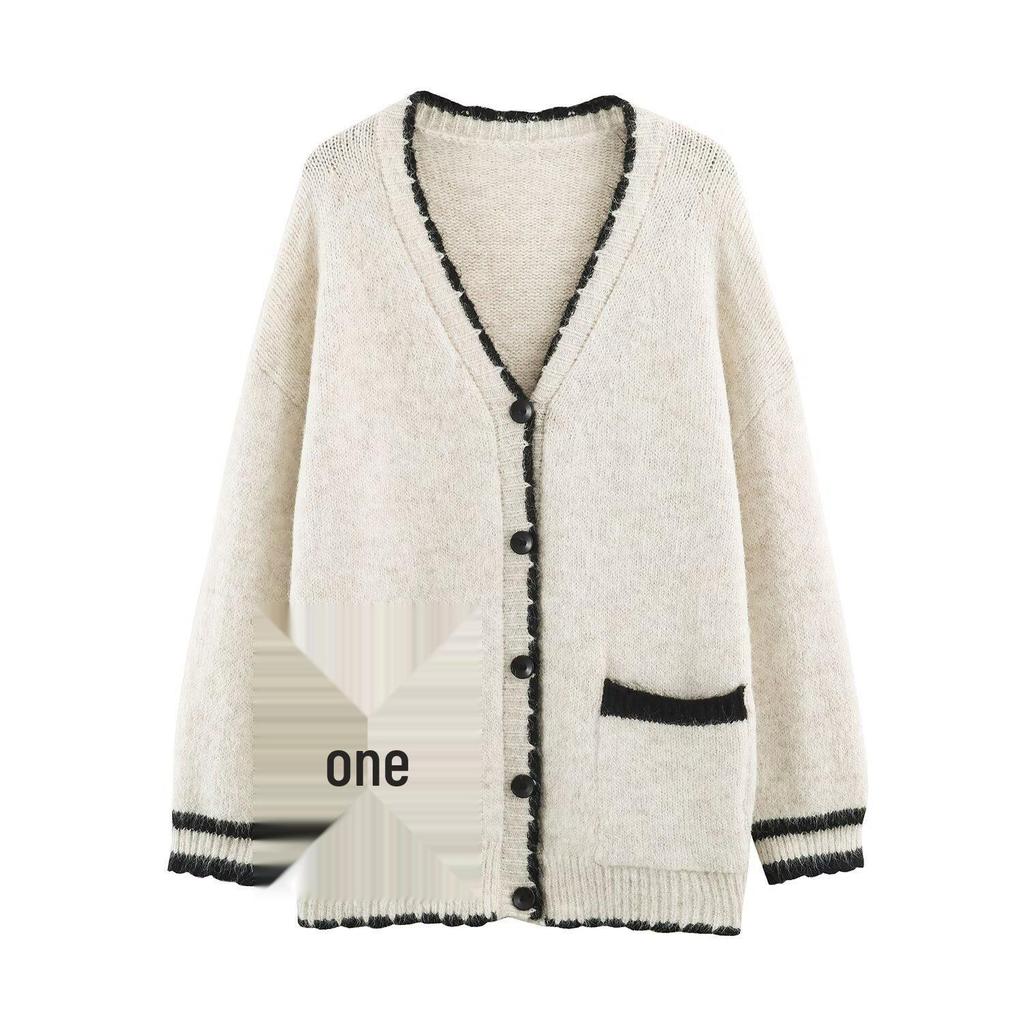 2026 Autumn European & American Bright Silk V-Neck Knit Cardigan with Contrasting Edge