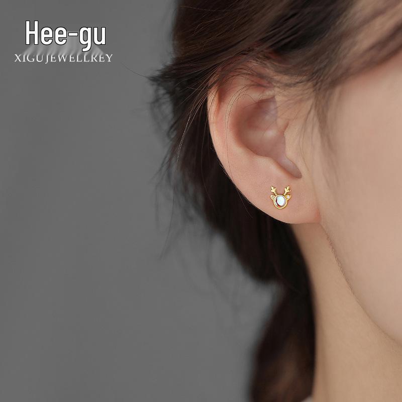 Higu E1015 S925 Silver Moonstone Antler Stud Earrings - New Christmas Trend, Mori Style